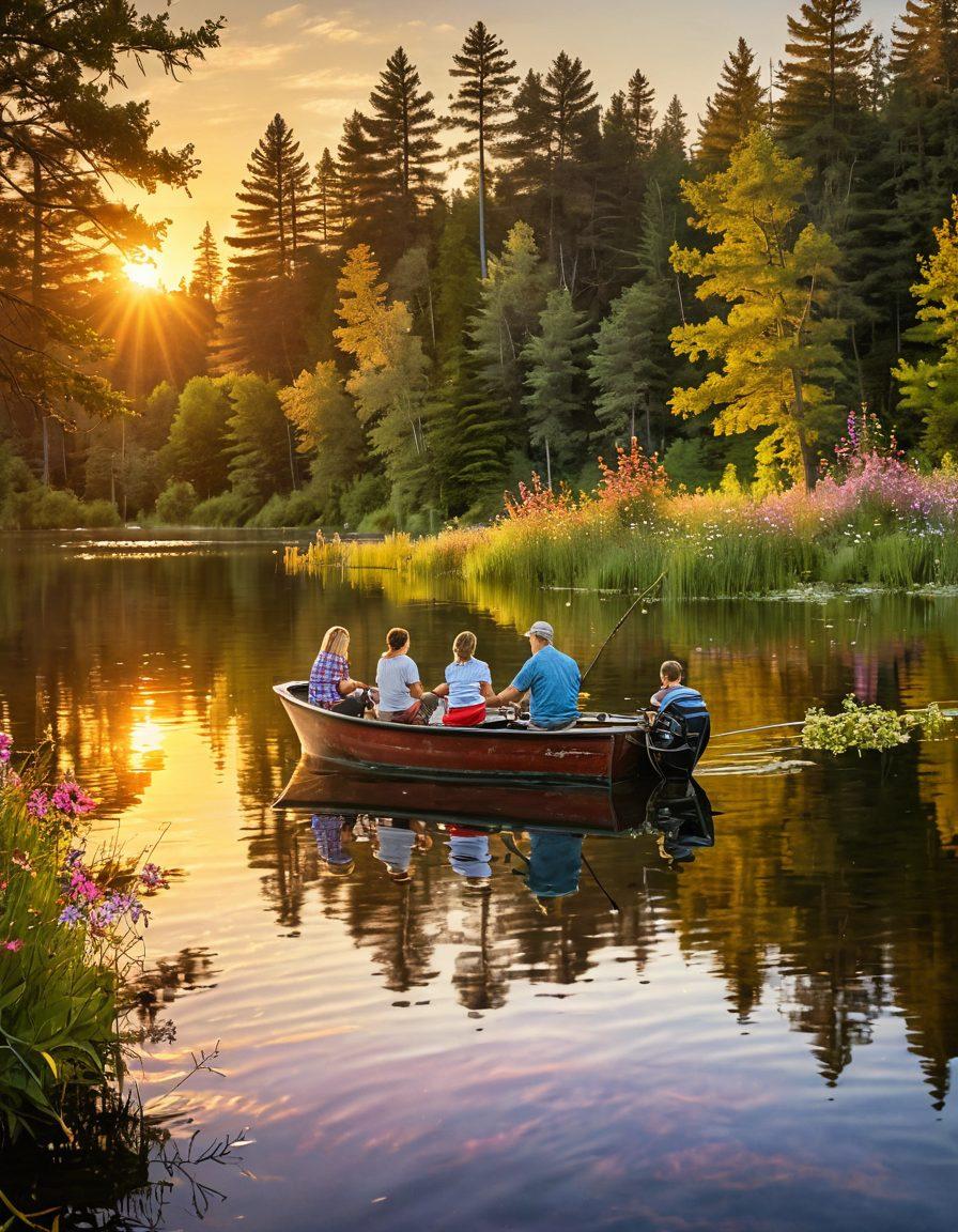 A joyful family of four fishing together on a vibrant lake during sunset, surrounded by lush green trees and colorful wildflowers. The parents are helping their children cast fishing lines into the sparkling water, while a small boat floats nearby. The sunset casts a warm golden glow, enhancing the cheerful atmosphere of togetherness and adventure. super-realistic. vibrant colors. warm tones.