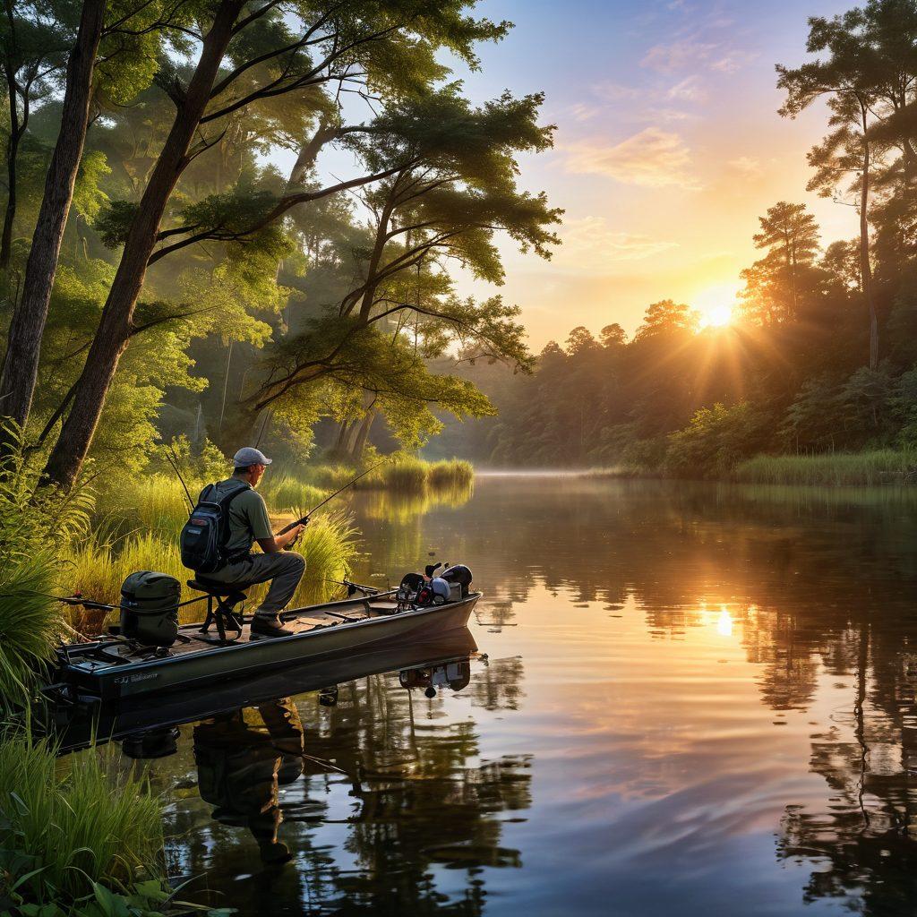 A serene lakeside scene featuring an angler skillfully casting a fishing rod with gleaming top-notch equipment, surrounded by lush greenery and the shimmering water reflecting the sunrise. In the foreground, various high-quality fishing gear displayed artistically, including reels, tackle boxes, and baits. The atmosphere should convey tranquility and excitement for fishing. vibrant colors. super-realistic. natural lighting.