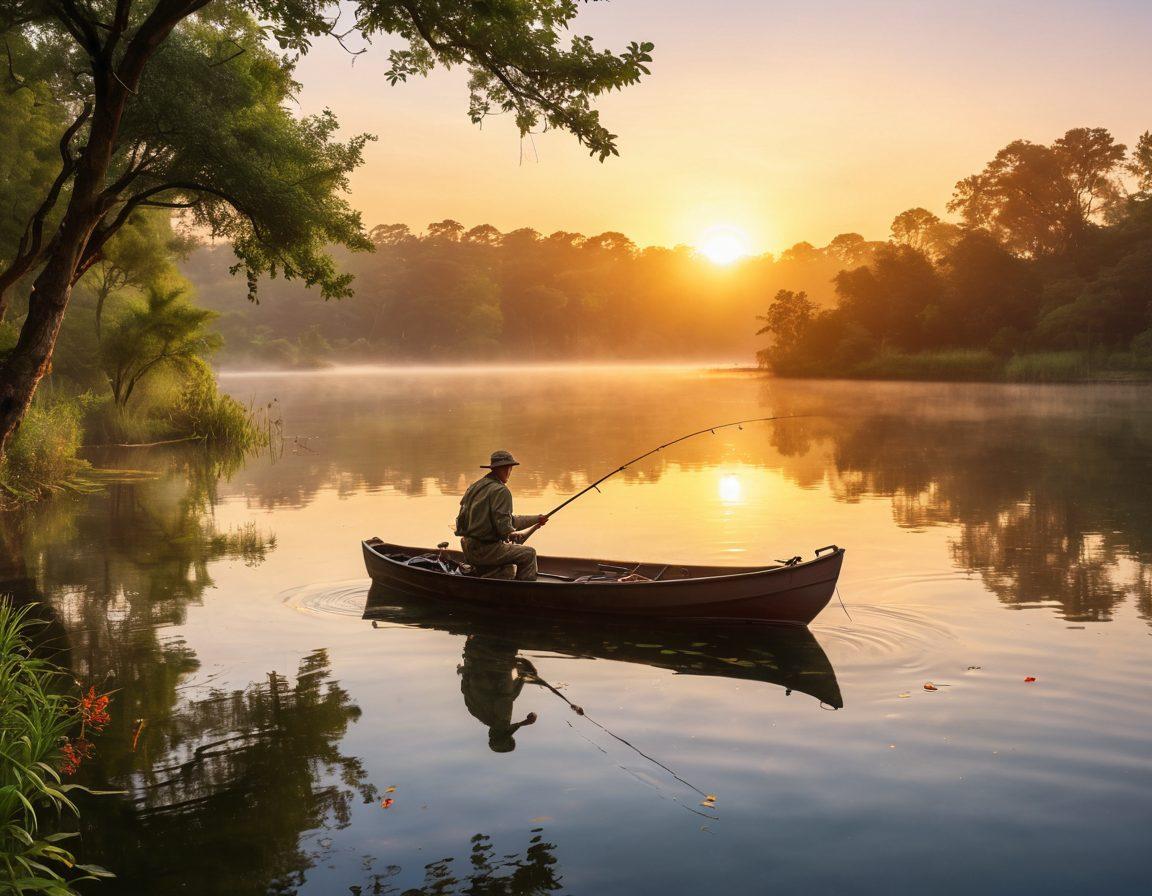 A serene lakeside scene at dawn, showcasing a fisherman joyfully casting a sleek premium rod into calm waters. Lush greenery surrounds the tranquil setting, with a gently rising sun illuminating the landscape. Delicate ripples on the water reflect vibrant colors of the sky while a happy fish jumps playfully nearby. Encourage a sense of adventure and joy in fishing depicted through the fisherman's expression. super-realistic. vibrant colors. nature-inspired.